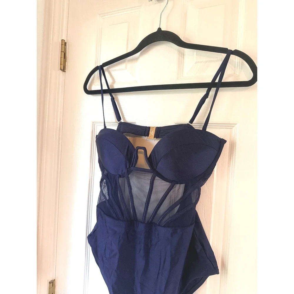 Zimmermann Navy Blue Mesh Panel Corset One Piece Swimsuit Underwire Sz 3 US 8-10 - Picture 2 of 9